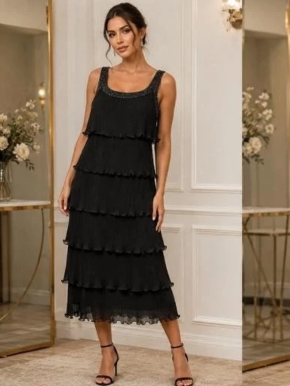 Patra Black Tiered Ribbed Ruffle Beaded Midi Dress